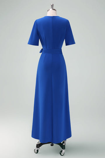 Royal Blue V-Neck Long Mum of Bride Dress with Short Sleeves